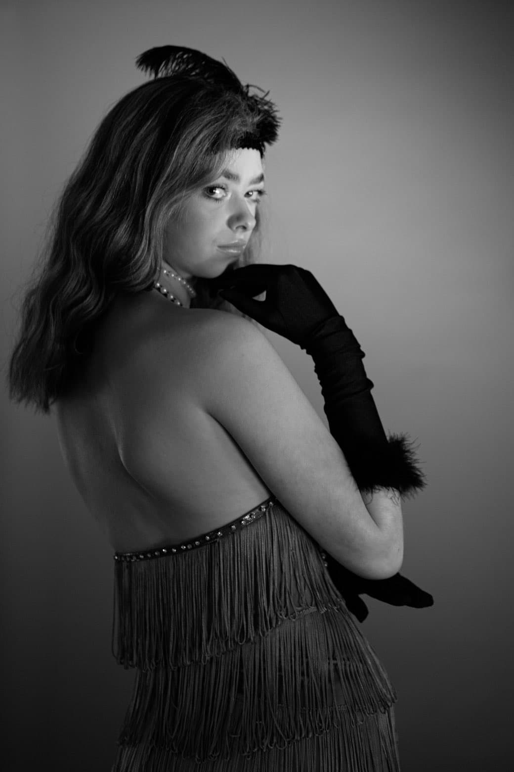 Black and white fashion portrait with fringed styling